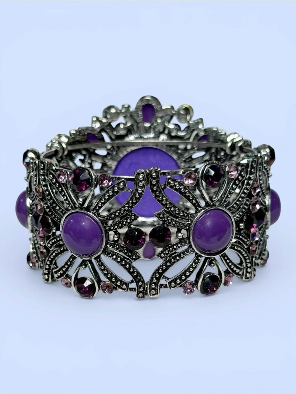 Victorian Revival Purple Cameo‎ Cuff Bracelet Silver Tone Filigree Rhinestones